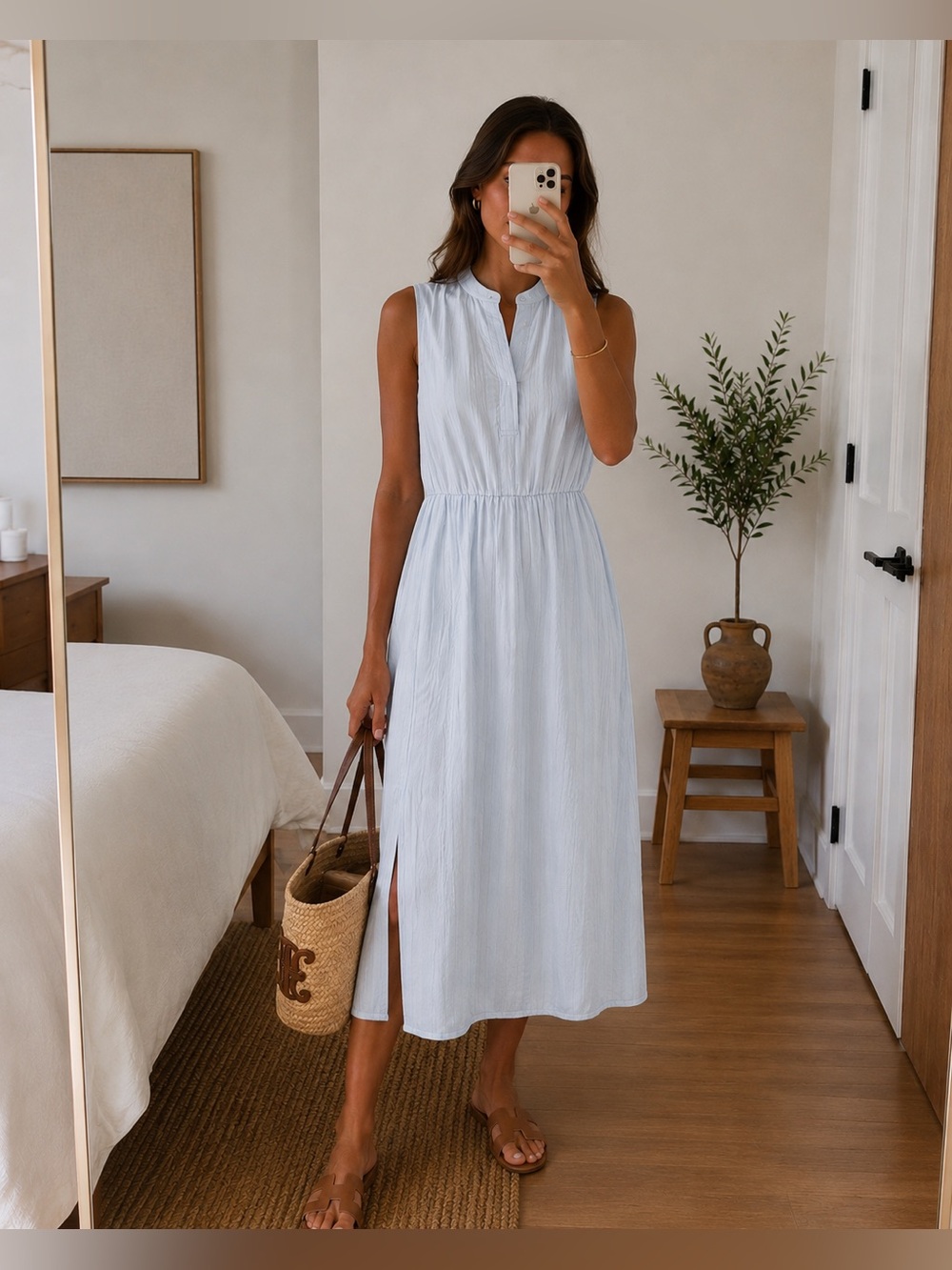 Vince Textured Sleeveless Midi Dress Light Blue 10 NWT Casual Summer Pockets